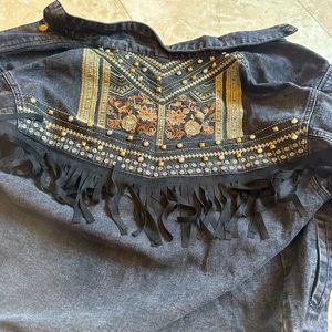 Black Fringed Jean Jacket with Detailing